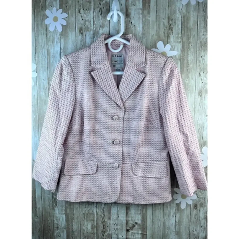 Old Navy Womens Blazer Size Medium White Pink Striped Lined Notched Lapel Button